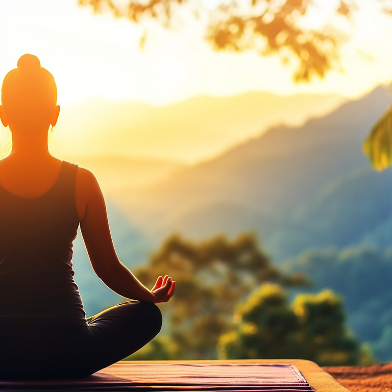 woman sitting still looking out over mountainous terrain at sunrise
