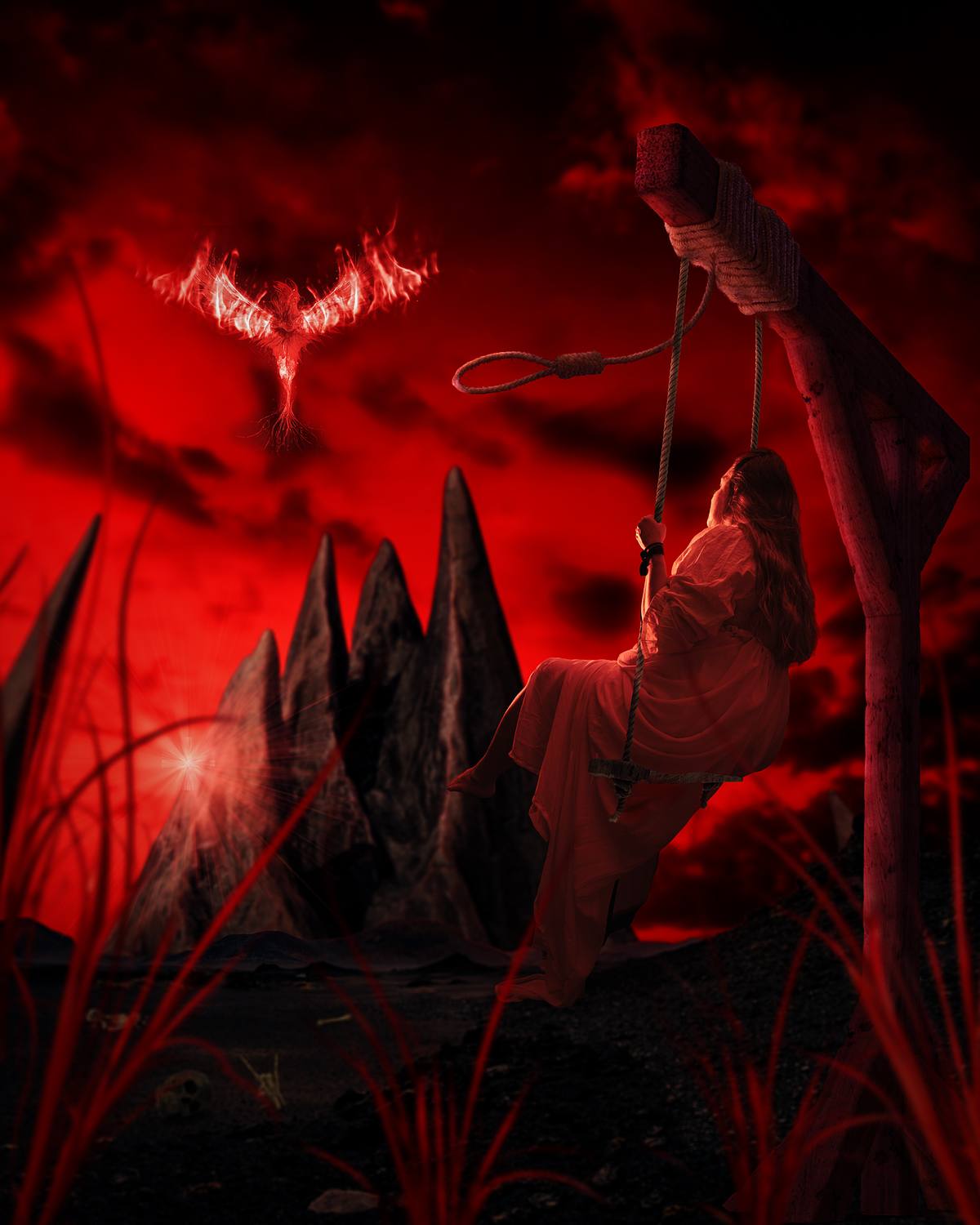 A woman swinging from a gallows pole as if it were a swing set overlooking a wasteland and watching a phoenix rise