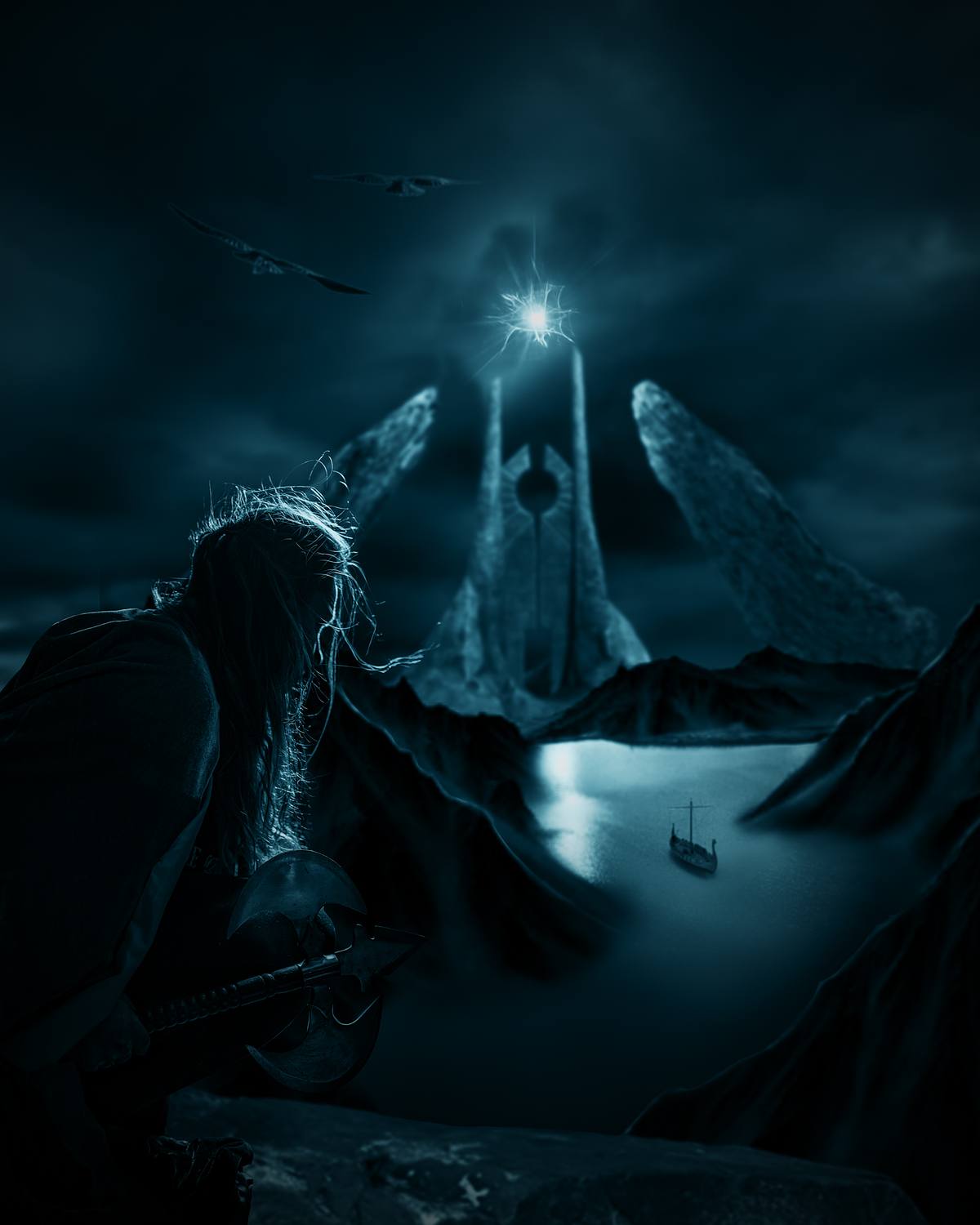 A viking woman looking out a ship on fjord sailing toward gates reminiscent of Mordor.