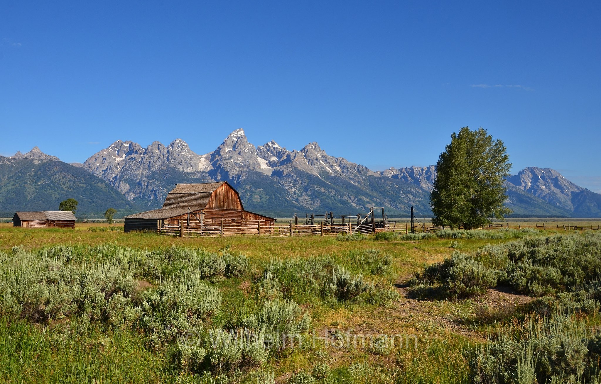 John Moulton Homestead, Mormon Row, Antelope Flats, Teton Range, Grand Teton National Park, Grand-Teton-Nationalpark, parco nazionale del Grand Teton, Wyoming, USA