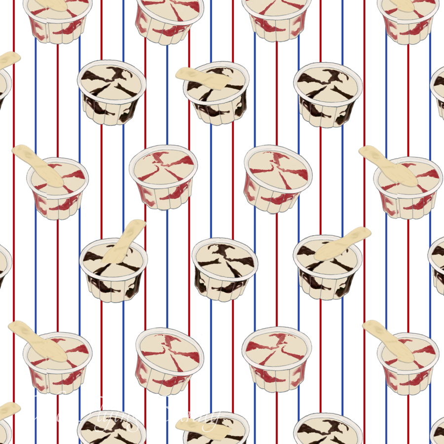 Vintage-style ice cream cups with tiny wooden spoons arranged over narrow red, white, and blue vertical pinstripes in a repeating pattern.