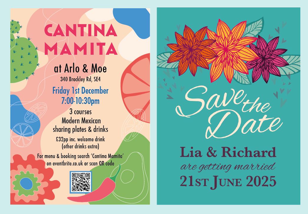 colourful menu for a Mexican evening decorated with abstract bold colourful shapes next to a turquoise wedding save the date invitation with bold flowers
