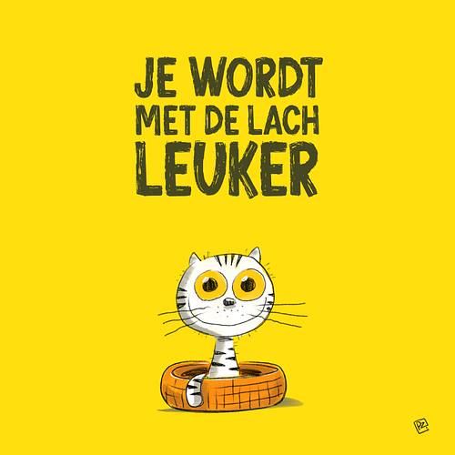 kinderboek illustratie van een lief katje in een mandje, met een spreuk