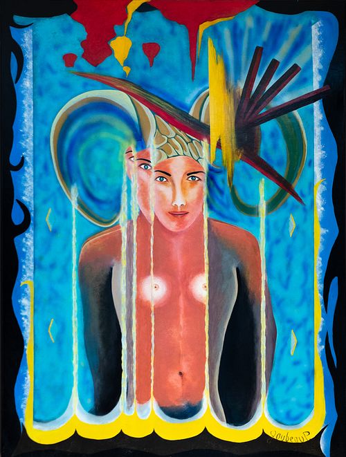 Le Miroir par Patrice Goubeau — femme aux bois de cerf sur fond bleu, peinture acrylique