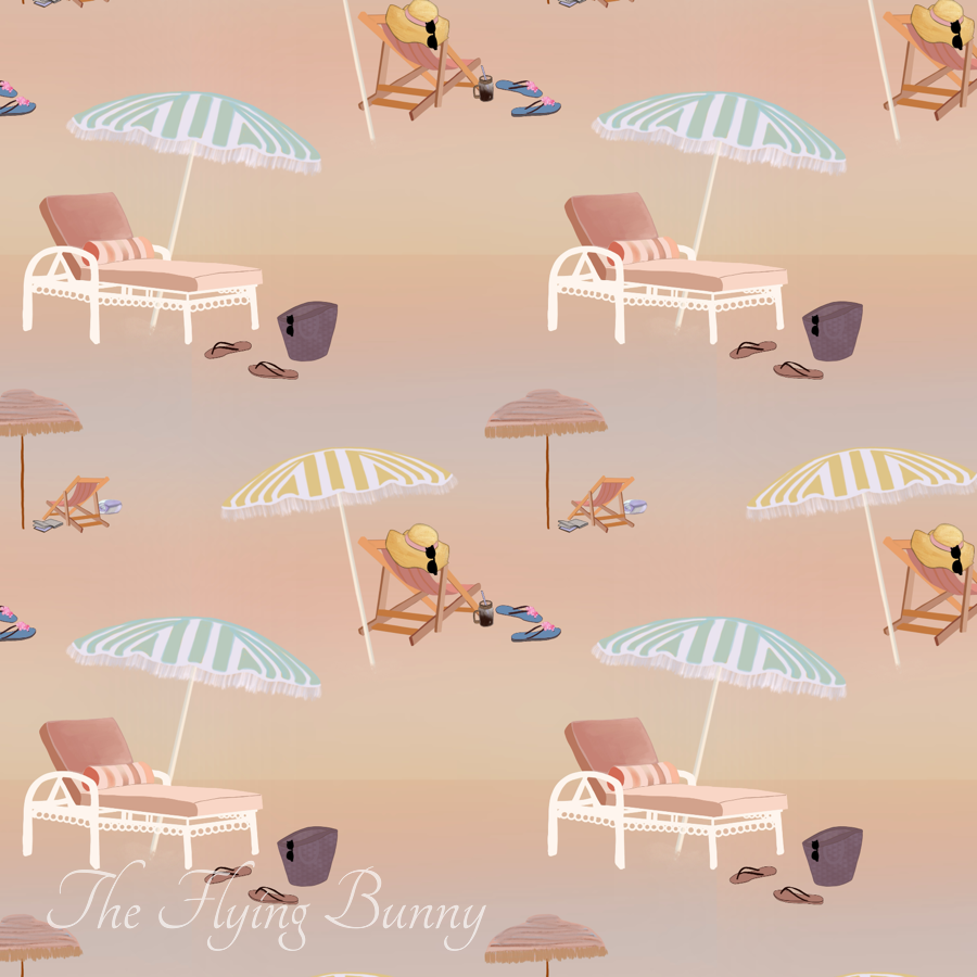 Pastel beach repeating pattern with striped umbrellas, lounge chairs, beach bags, sandals, and seaside accessories on a soft sand-colored background.