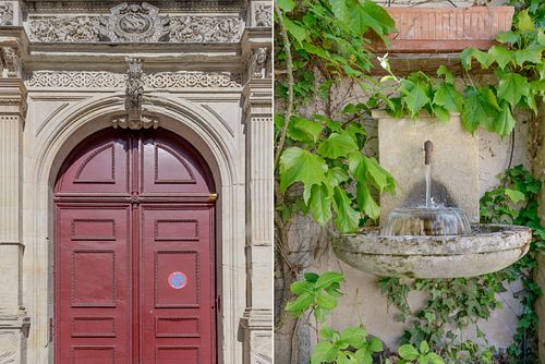 Diptyque photographique associant une imposante porte rouge monumentale à une fontaine en pierre recouverte de lierre. Photographie par Nicolas Karadimos.