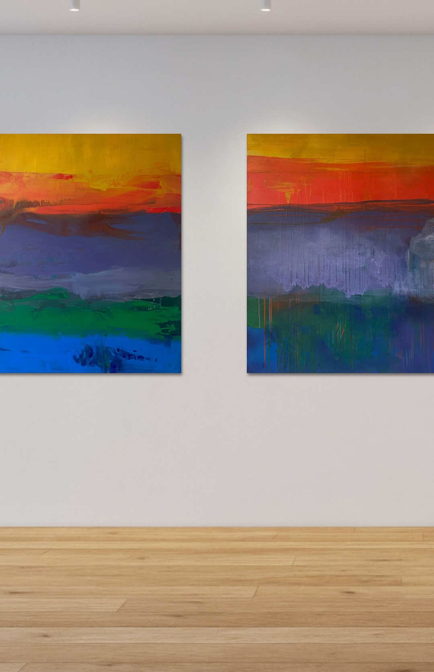 Peintures abstraites contemporaines de la s&eacute;rie Paysages Abstraits par Catherine Maddens : S&eacute;dimentations I, S&eacute;dimentations II et Andalucia. &OElig;uvres acryliques et b&acirc;tons d&rsquo;huile sur toile inspir&eacute;es de la terre, des strates naturelles et de la lumi&egrave;re du pa