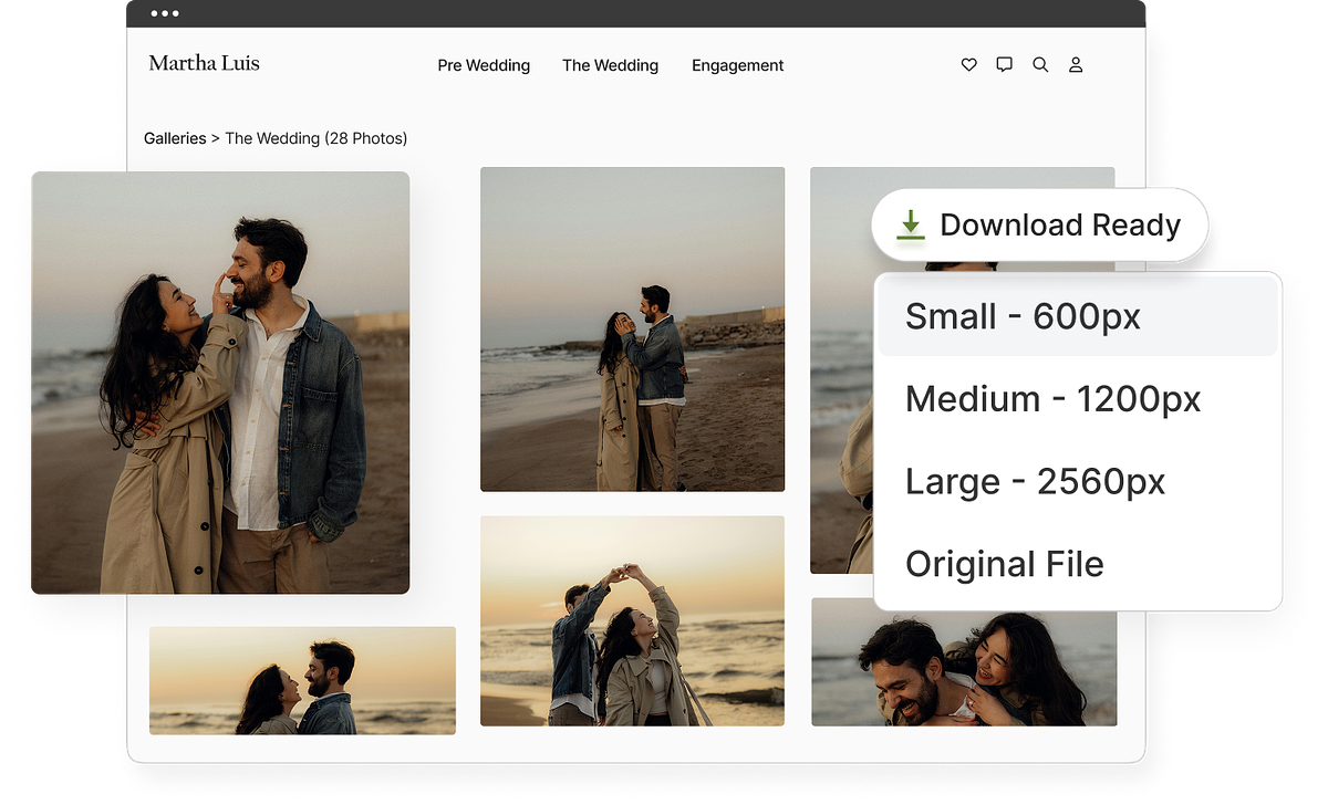 Eine öffentliche E-Commerce-Galerie auf einer Fotografie-Website mit Druck- und Downloadoptionen
