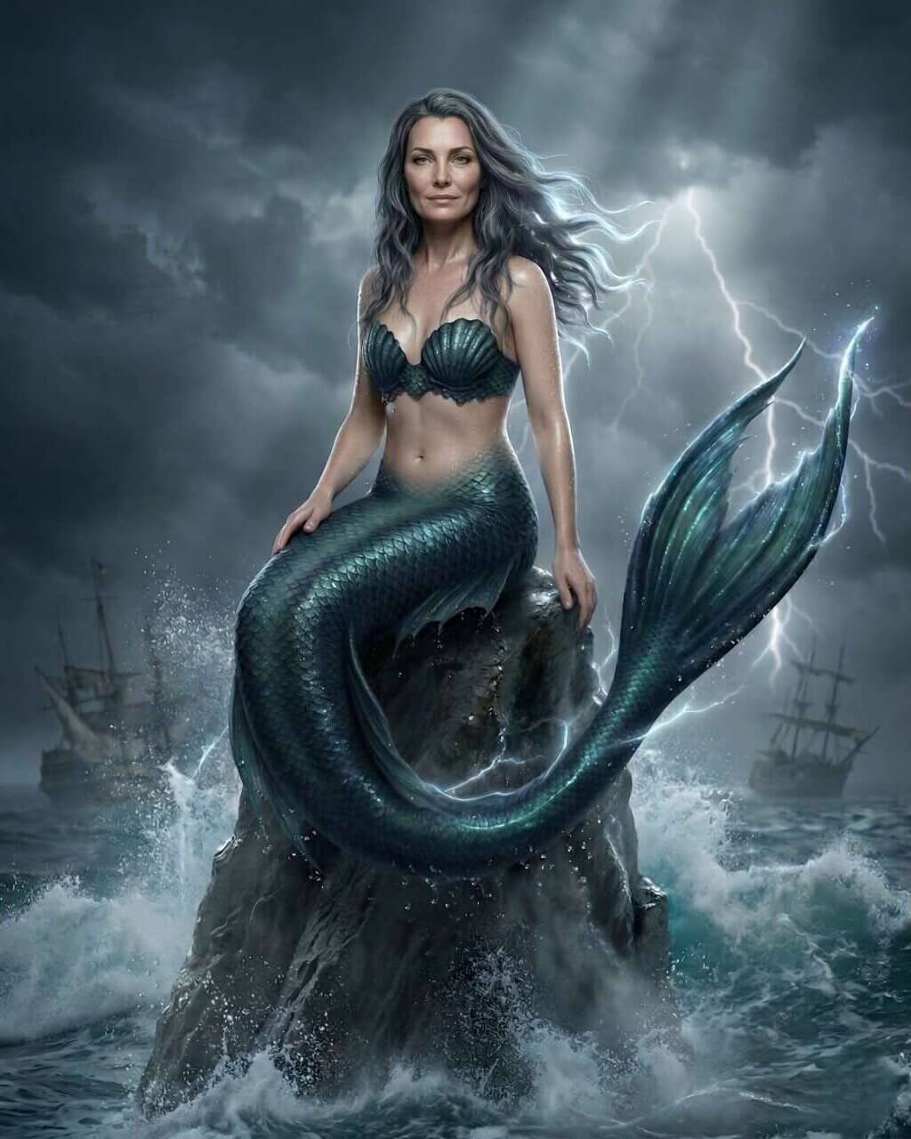 Custom AI dark fantasy mermaid portrait featuring a powerful mermaid sitting on a rocky outcrop during a storm with crashing waves, lightning, and sailing ships.