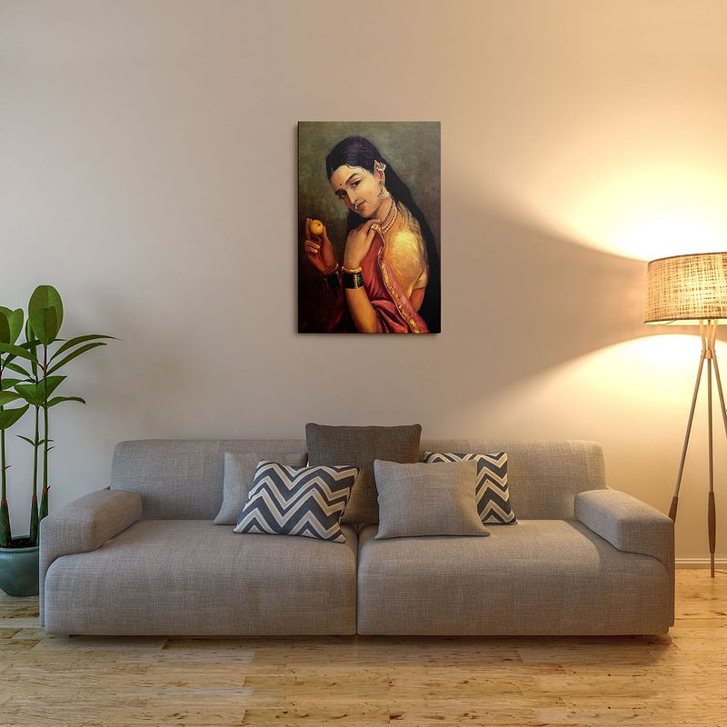 Woman with a Fruit – A Timeless Portrait of Grace and Contemplation by Raja Ravi Verma