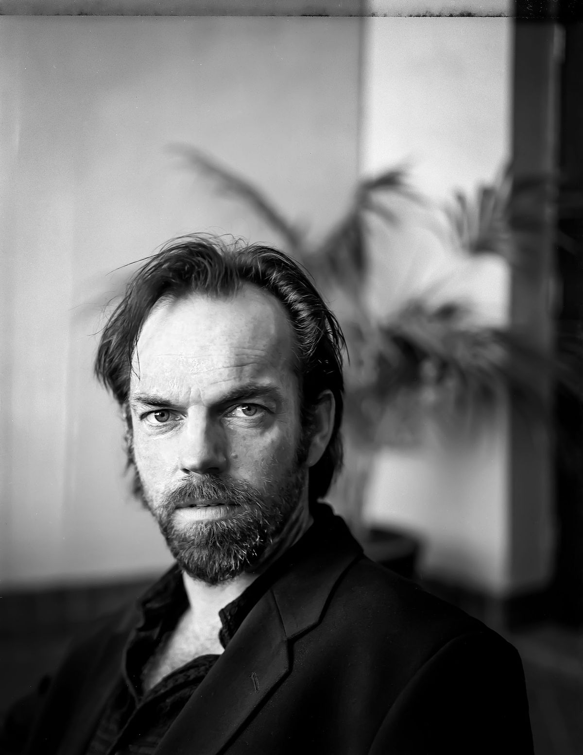 Portrait of celebrity actor Hugo Weaving at Chauvel Cinema in Paddington, Sydney. He wears a dark coloured short. Plant in the background.