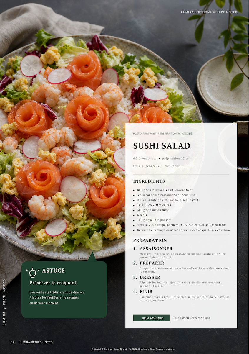 Colourful sushi salad with salmon roses, shrimp and fresh vegetables served for a summer garden celebration.