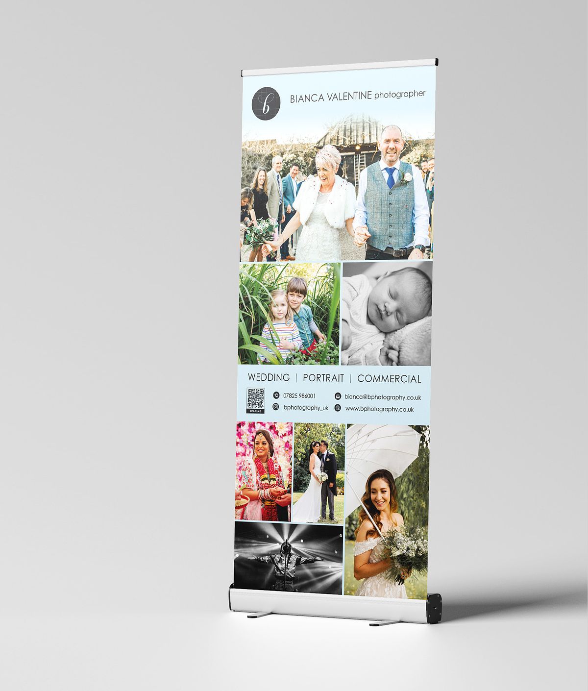 freestanding exhibition stand showing wedding and portrait photographs