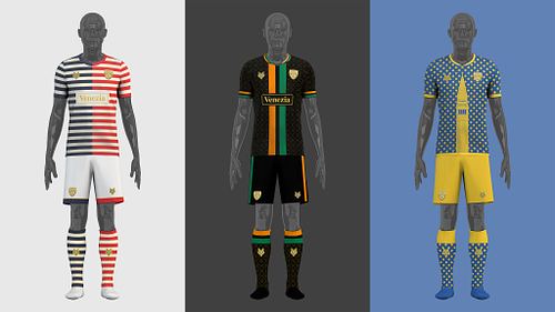 Front view of Venezia FC home, away, and third full kit concepts displayed side by side on mannequins.