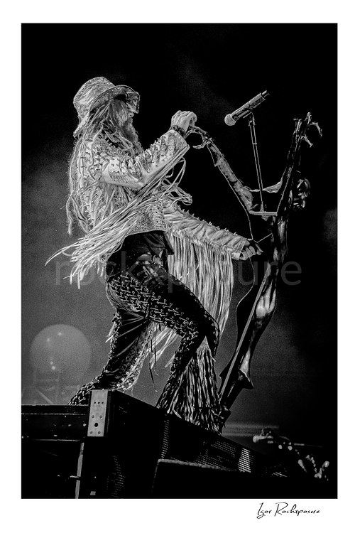 Vertical black and white image of Rob Zombie performing live on stage in a fringed jacket and hat with a microphone stand, flowing dreadlocks, and dramatic side profile