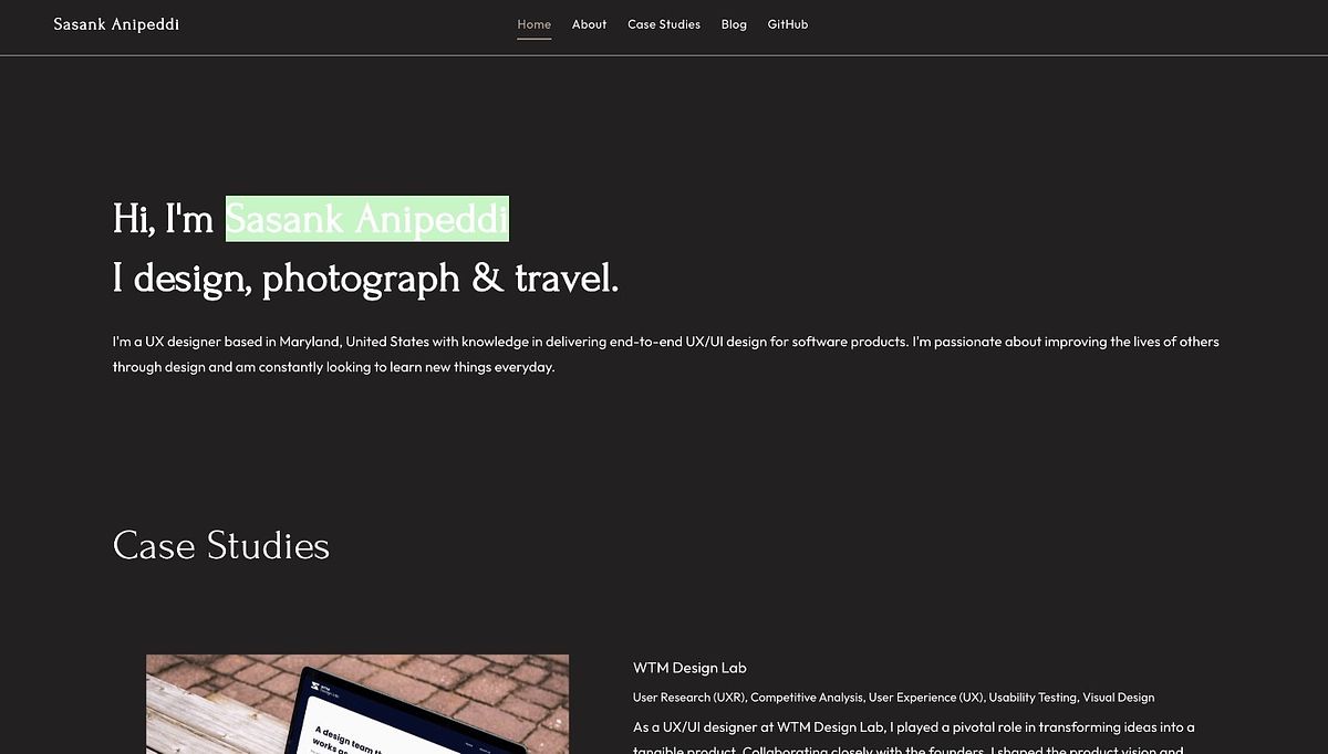 Sasank Anipeddi UX portfolio example, dark serif case-study layout