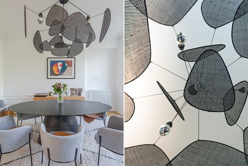 Diptyque photographique associant une salle à manger avec suspension en fil noir à un détail de l’œuvre contemporaine. Photographie par Nicolas Karadimos.