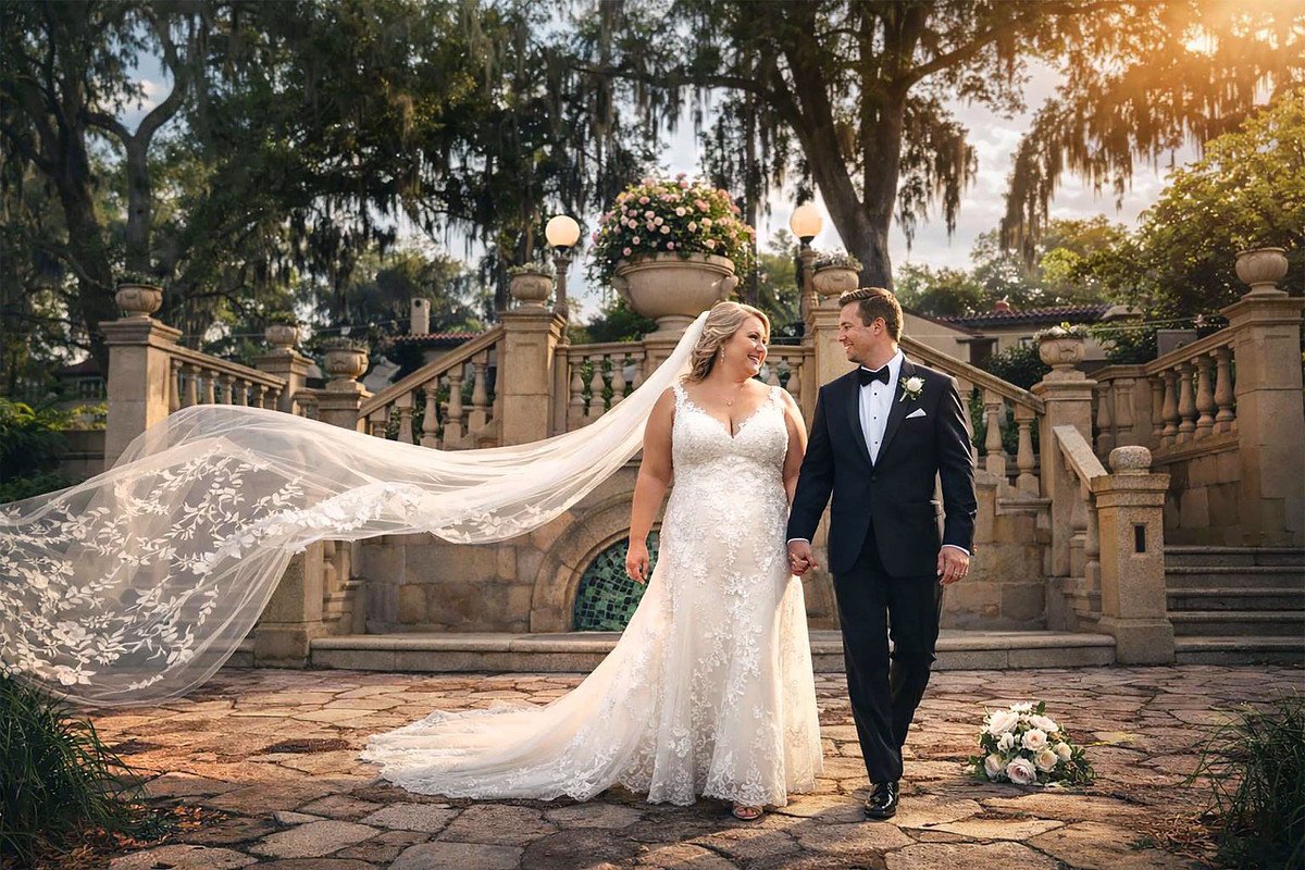 Bride and groom walking hand in hand with a flowing veil at Epping Forest Yacht Club in Jacksonville, Florida.