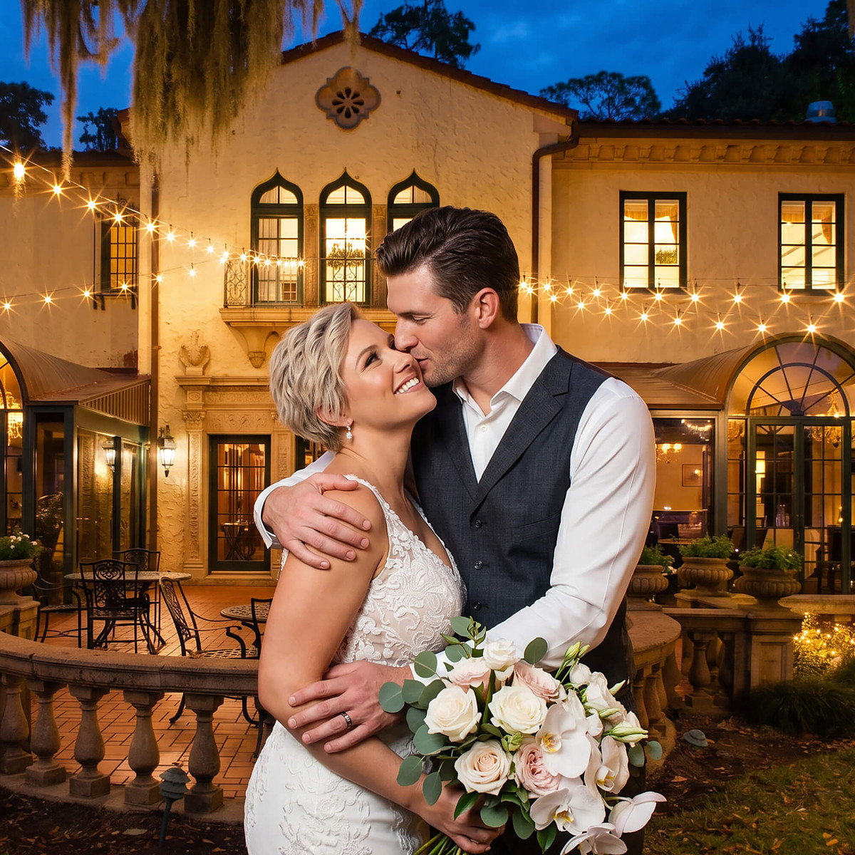 Bride and groom sharing a romantic kiss during their wedding at Epping Forest Yacht Club in Jacksonville, Florida.