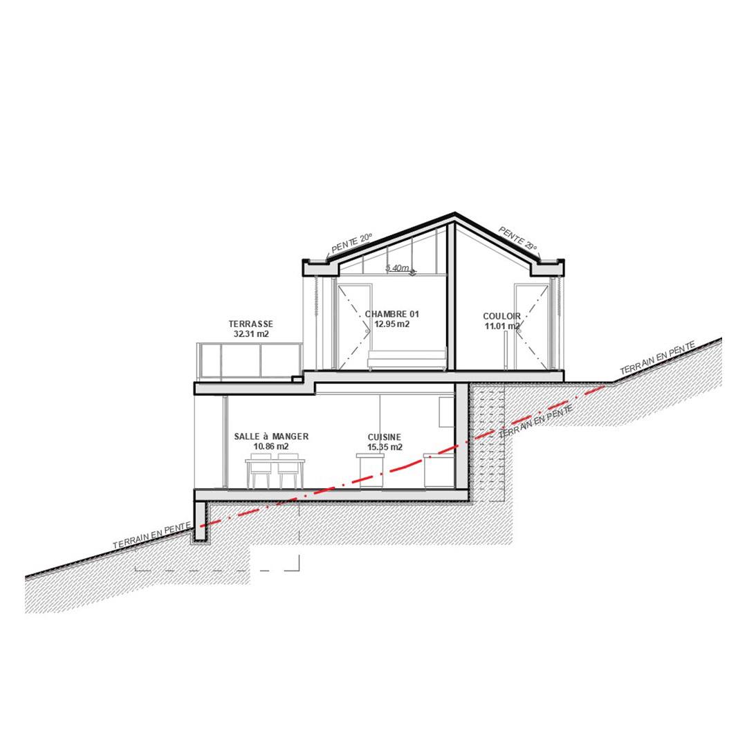 corte arquitectura vivienda monta&ntilde;a suiza pendiente seccion villas