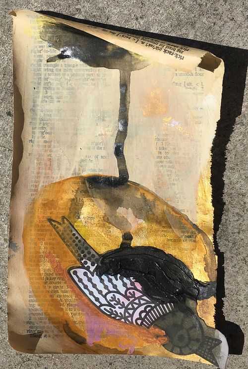 Ephemera 5 of 12, 2017, Acrylic, watercolor, collage, oil pastel, ink, and colored pencil on paper, 7"x4"