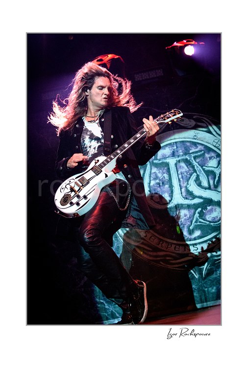 Vertical color image of Joel Hoekstra of Whitesnake performing live on stage, playing electric guitar under purple concert lighting with the Whitesnake stage backdrop visible behind him