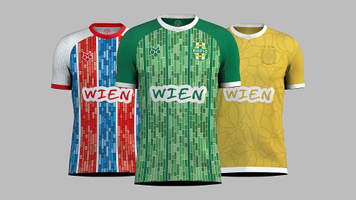 Front view of Rapid Wien home, away, and third shirt concepts grouped together, with the home shirt slightly larger in the centre.