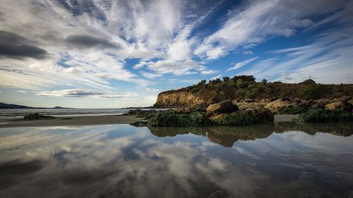 Seascapes, ocean, waves, shores, sand, rocks, surf, clouds, sky, travel, nature, landscape, seaside, beach, Purakaunui, Dunedin, Otago, South Island, New Zealand, reflection,