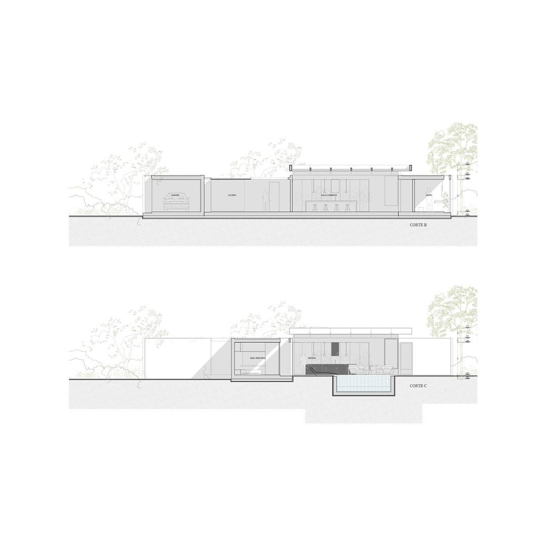 corte arquitectura casa modular seccion patios interiores dise&ntilde;o residencial