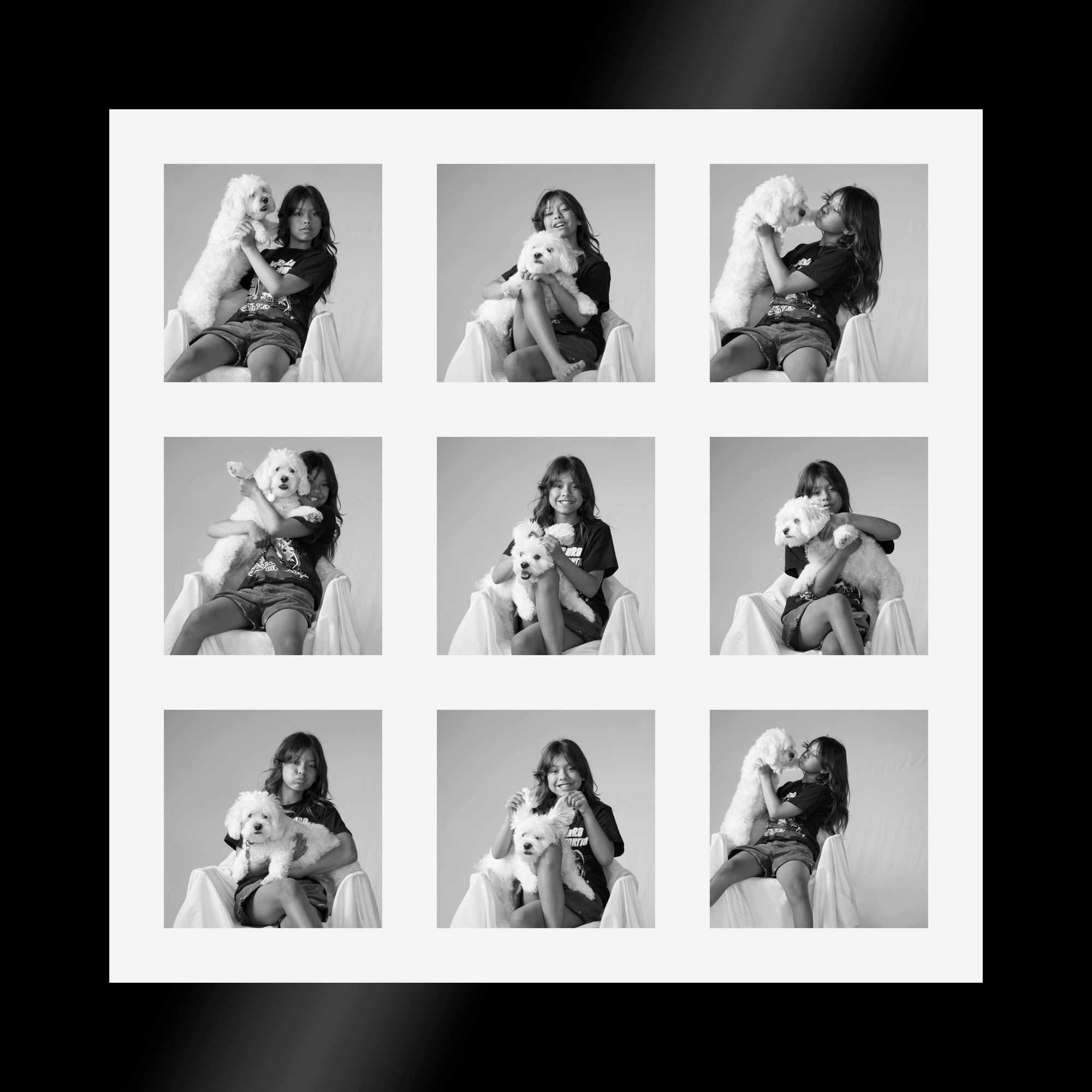 Nine black-and-white child-and-dog moments arranged as one finished artwork