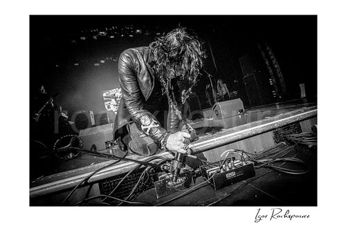Horizontal black and white image of Tom Keifer kneeling at the edge of the stage in an intense live performance moment, gripping a microphone amid cables and stage gear with the band visible behind him