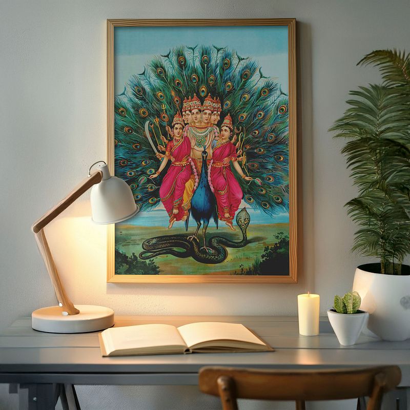 Lord Murugan – Shanmukha Subramanya Swami on Peacock with Valli & Devasena by Raja Ravi Verma