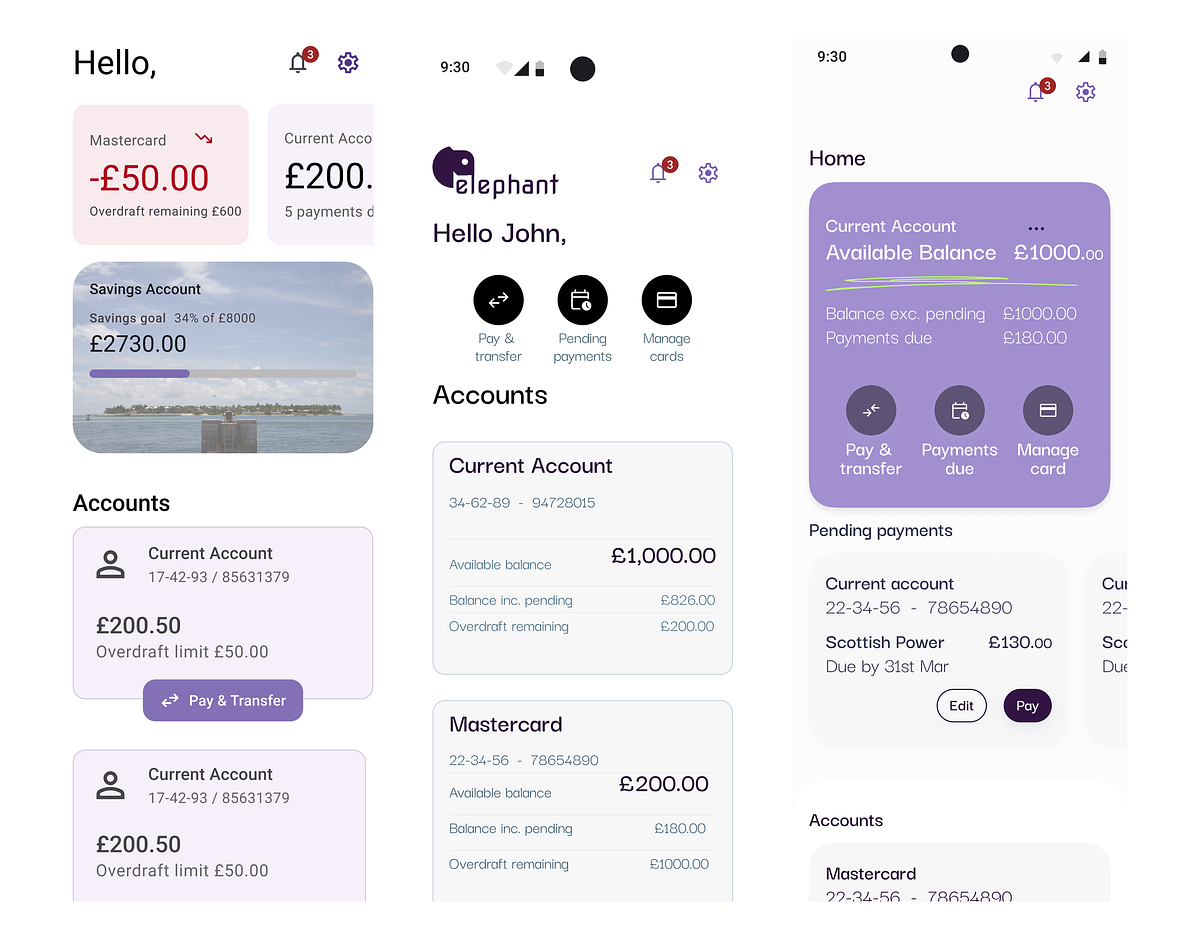 Mobile frames showing the first iterations of the bank's home page