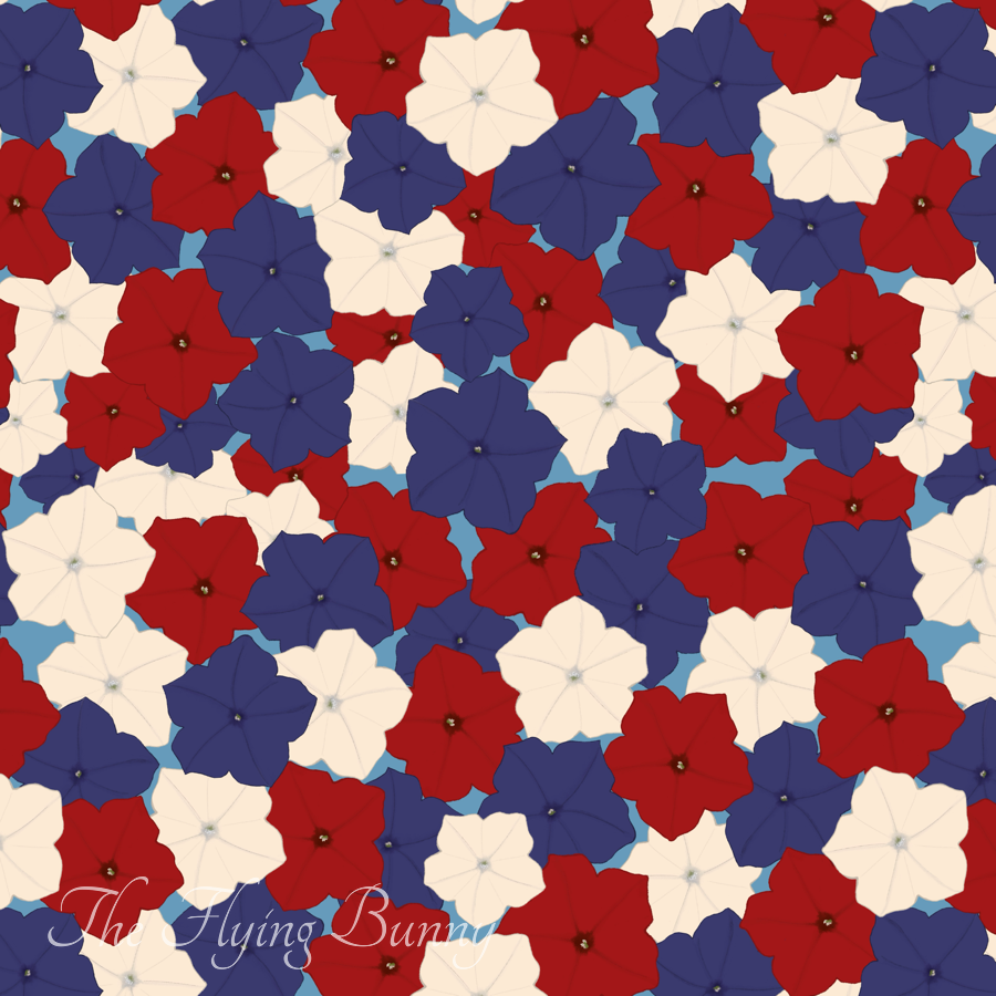 Red, white and blue floral repeating pattern with overlapping stylized blossoms on a light background.