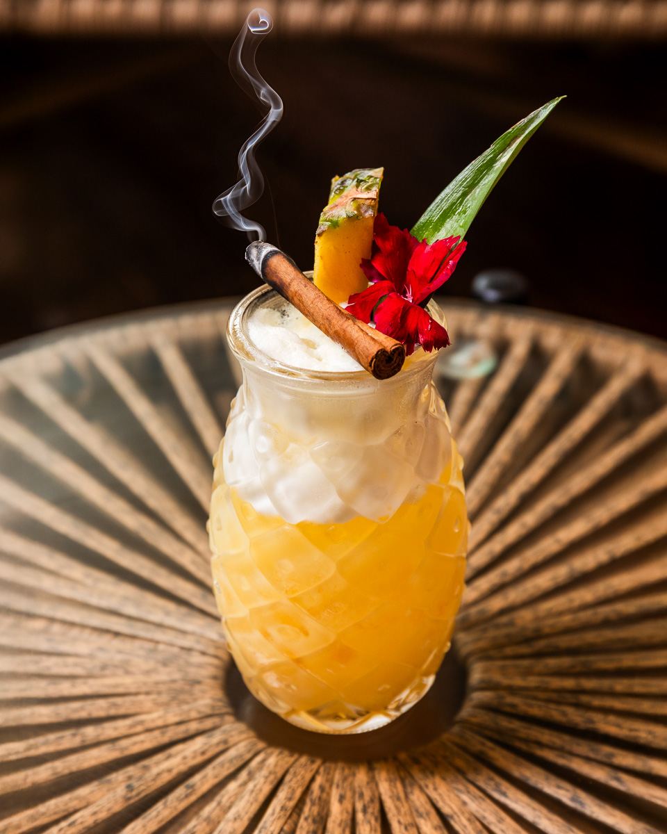 A closeup of a pineapple fruit cocktail in a restaurant in Cornwall