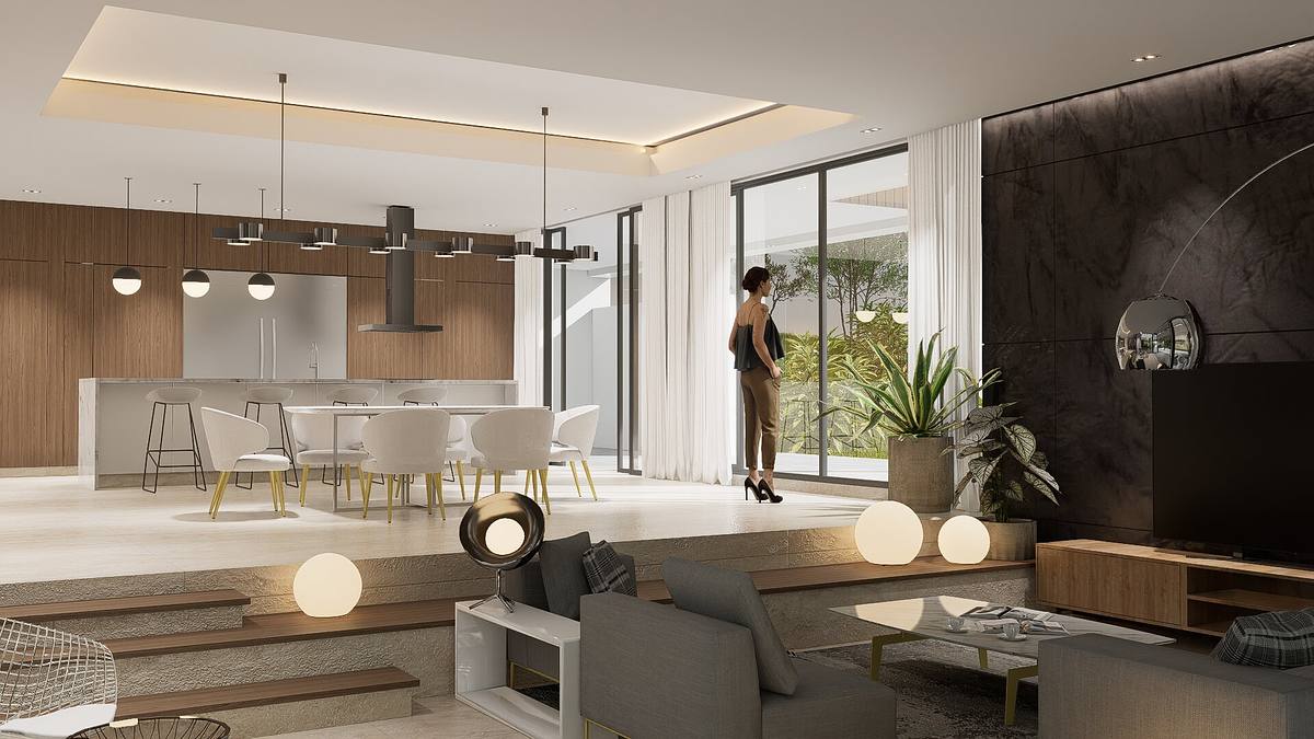 render interior vivienda lujo espacio abierto arquitectura tropical luz natural