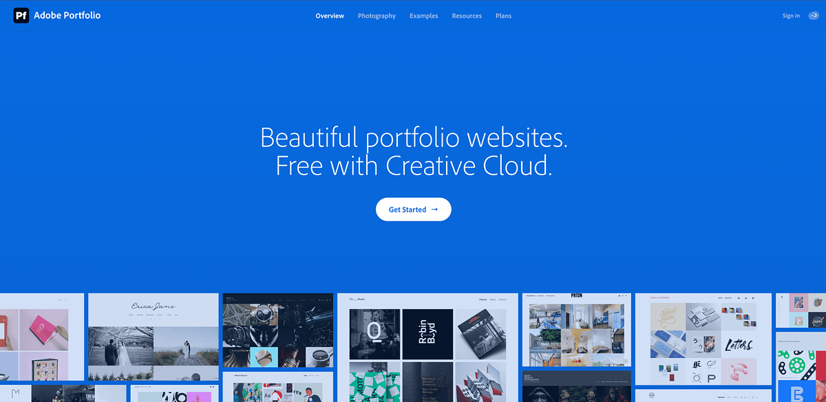 Adobe Portfolio homepage promoting the portfolio builder bundled with Creative Cloud subscriptions