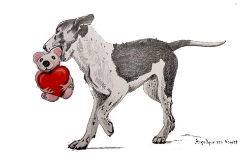 Pencil drawing of a spotted Podenco carrying a teddy bear