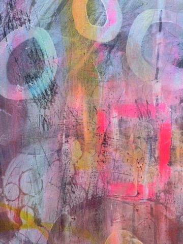 Abstraktes Acrylgemälde in Neonpink, Gelbgrün und Lavendel mit schwebenden Kreisen und Rechtecken, inspiriert von der Hippiebewegung, Friedenshoffnung, 120×100 cm,Sylvie Gasser, Abstract acrylic painting in neon pink, acid yellow and lavender with floating circles and rectangles, inspired by the hippie movement and the hope for peace, 120×100 cm