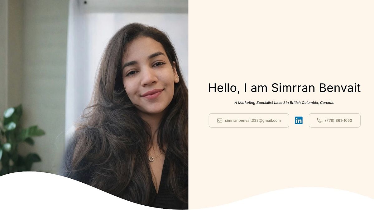Simrran Benvait's split-screen one-page website, with a portrait on the left and role plus contact details on a cream panel