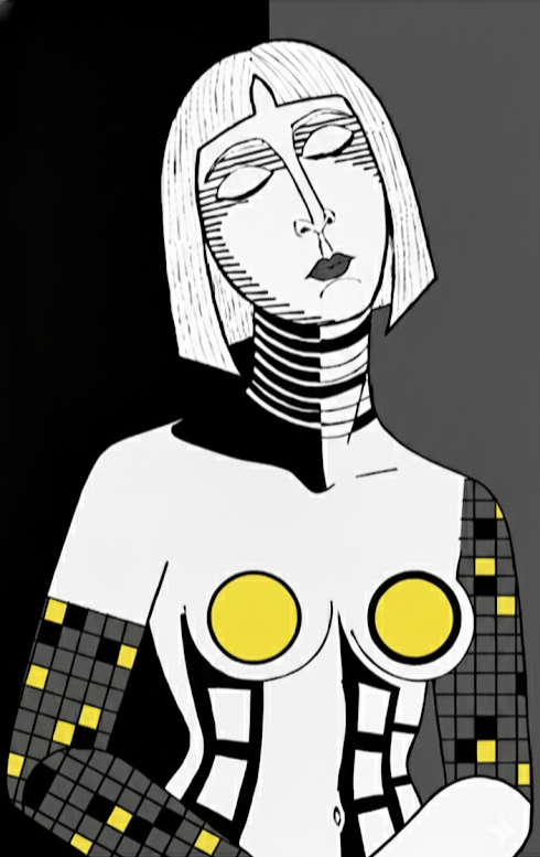 Lydia Peters Art, The Gilded Sentinel, The Internal Canvas Collection, Lydia Peters Fine Art, split black and grey background, mosaic pattern abstract, golden orb details, geometric cubist painting