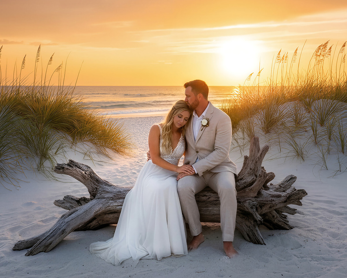 Romantic beach wedding portrait at sunset in St. Augustine by Legacy of Love Photography, beach wedding photographer.