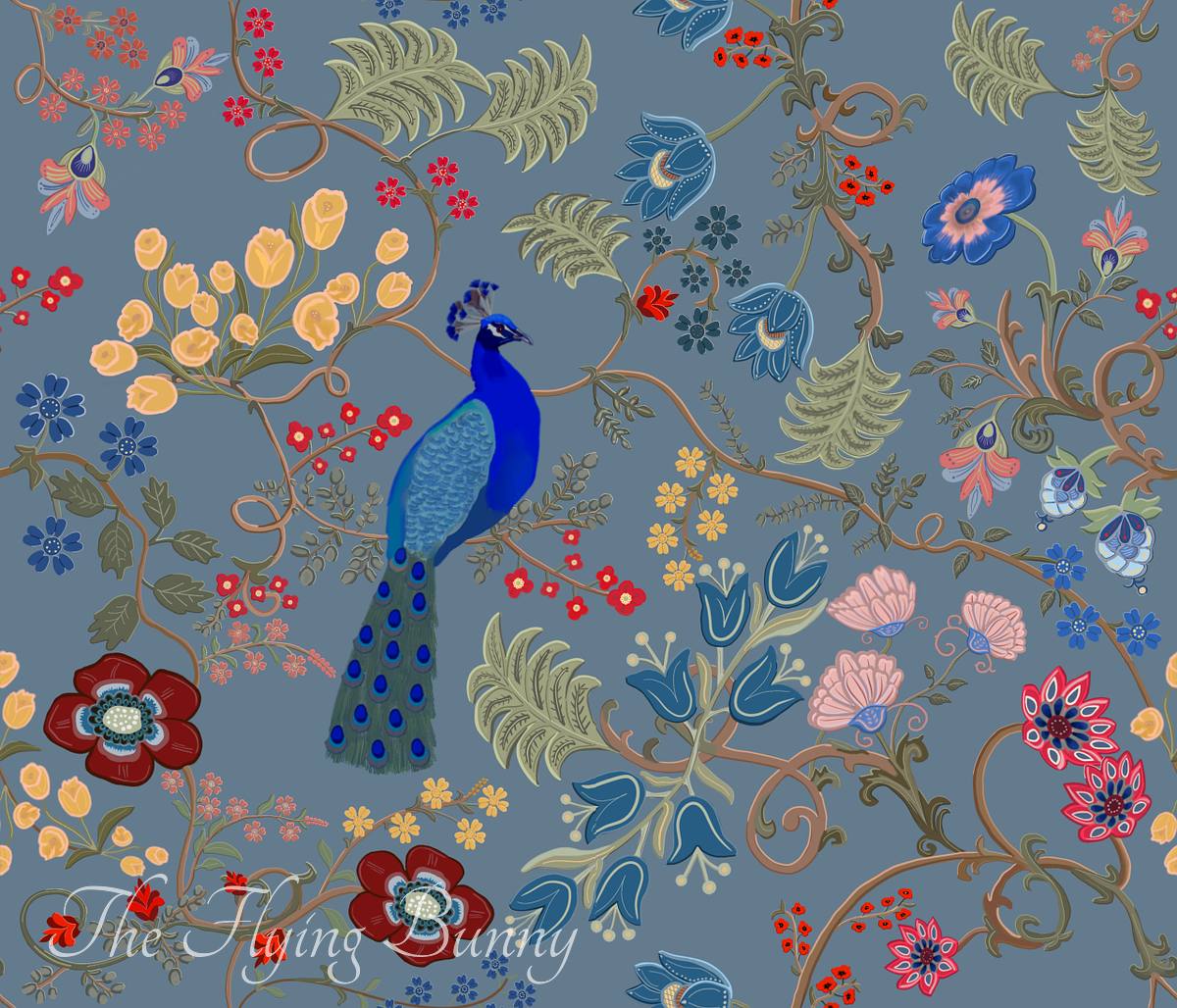 Seamless floral pattern with blue peacocks, winding brown vines, stylized red and yellow flowers, and green foliage on a slate gray background.