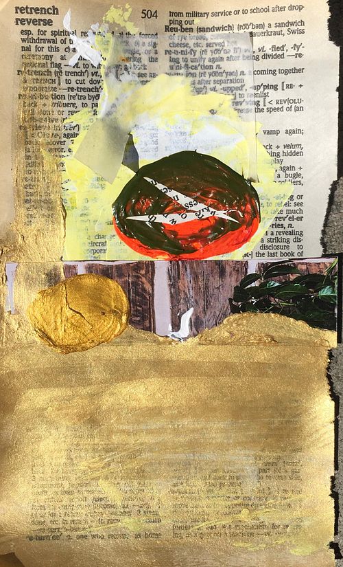 Ephemera 9 of 12, 2017, Acrylic, watercolor, collage, oil pastel, ink, and colored pencil on paper, 7"x4"