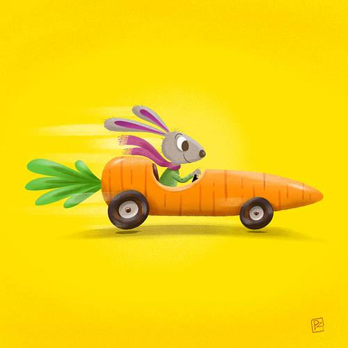illustratie kinderboek van Poetzarelli, konijntje in sportauto in de vorm van een wortel