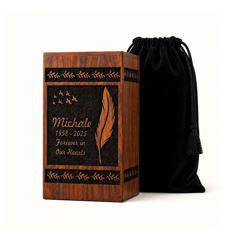Engraved Feather Wooden Urn Box