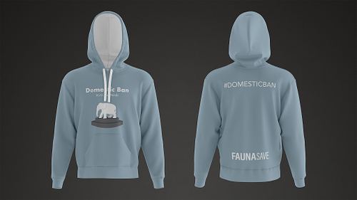 Mockup of the front and back of a dull blue campaign hoodie, with the front featuring the campaign name, tagline, and an illustration of an ivory elephant on a gavel block, and the back showing the campaign hashtag and sponsor.
