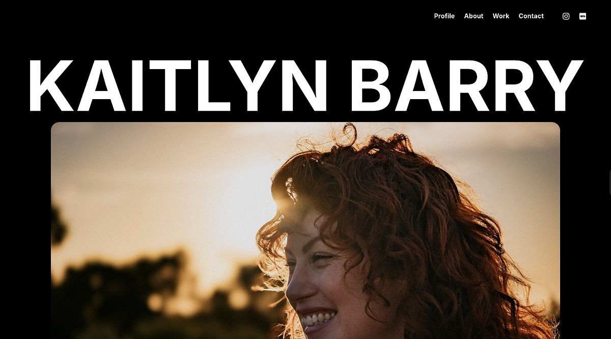 Kaitlyn Barry's one-page website: her name in oversized type over a golden-hour portrait, for a Perth-based actor
