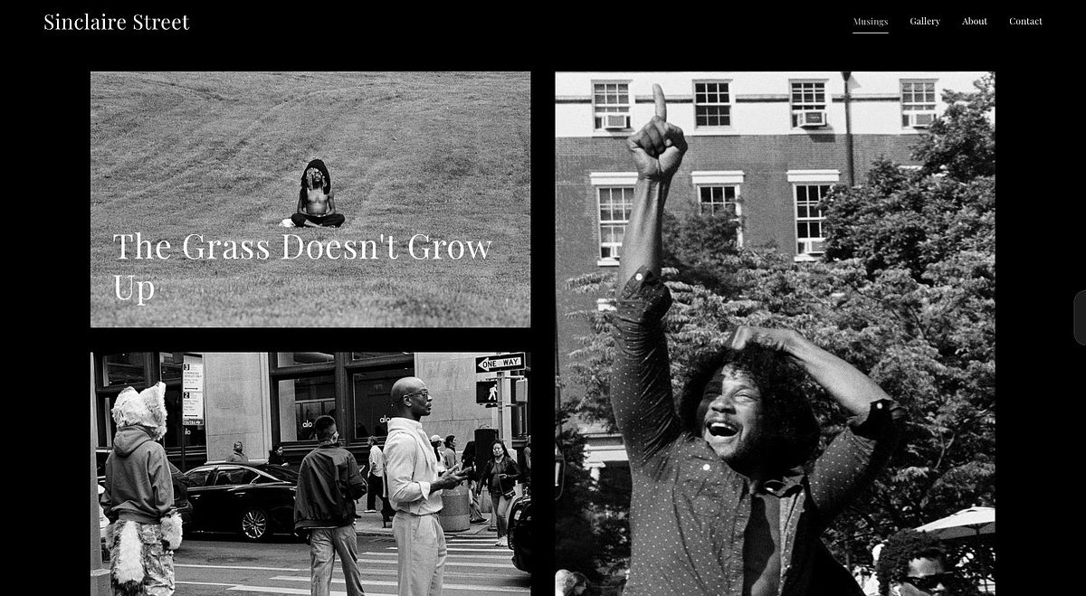 Sinclaire Street's black-and-white blog design, a two-column large-image grid with overlaid serif titles