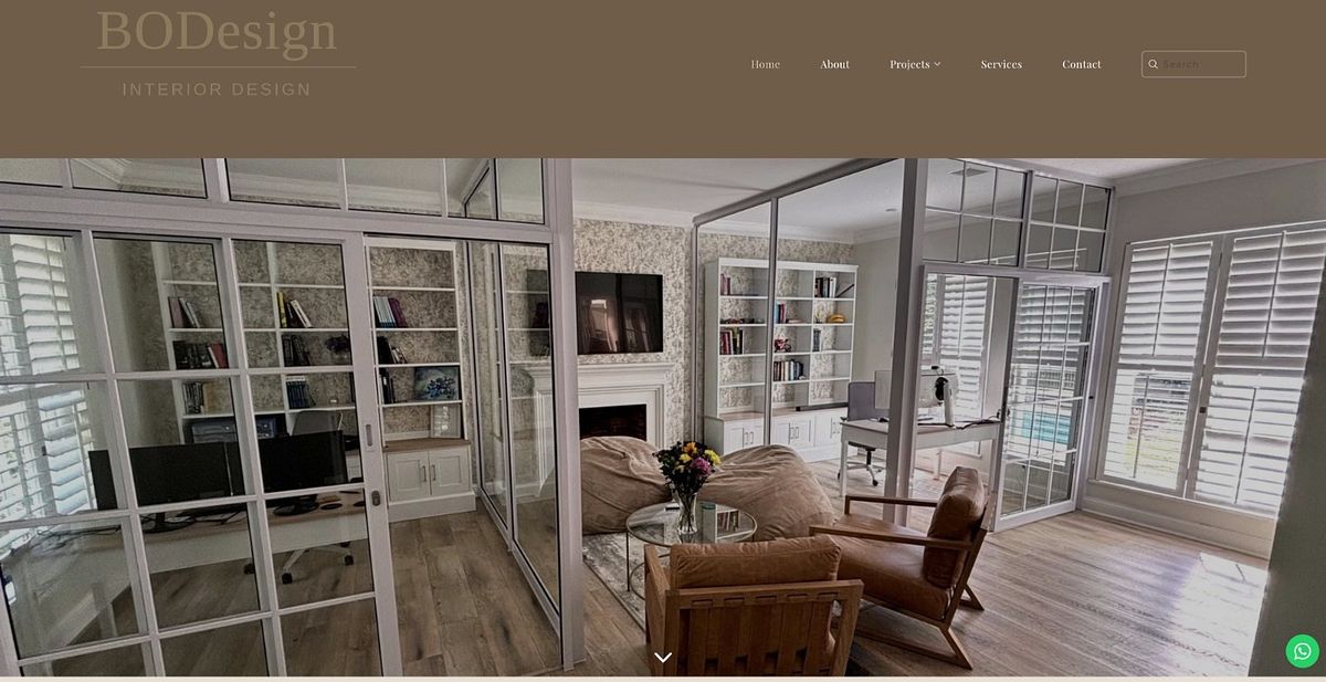 BO Design interior portfolio, serif logo over warm taupe header and full-bleed interior photography, South Africa